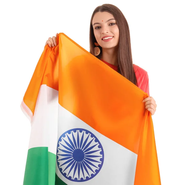 白い背景にインドの旗を持つ若い女性 — ストック写真