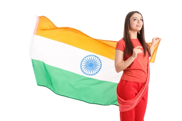 Junge Frau Mit Indischer Flagge Auf Weißem Hintergrund — Stockfoto