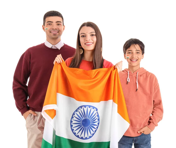 Šťastná Rodina Indickou Vlajkou Bílém Pozadí — Stock fotografie