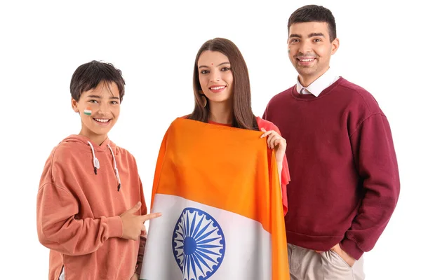 Gelukkig Familie Met Indiaanse Vlag Witte Achtergrond — Stockfoto