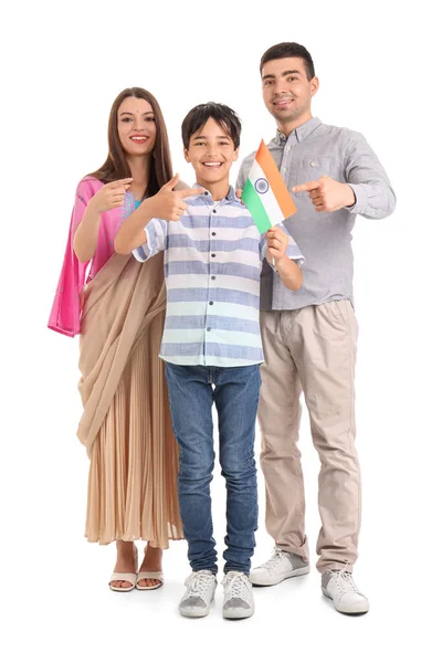 Happy Family Pointing Indian Flag White Background — Stock Photo, Image