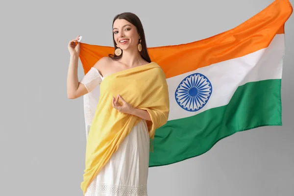 Young Woman Indian Flag Light Background — Stock Photo, Image