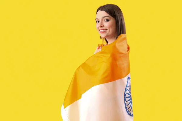 Young Woman Indian Flag Yellow Background — Stock Photo, Image
