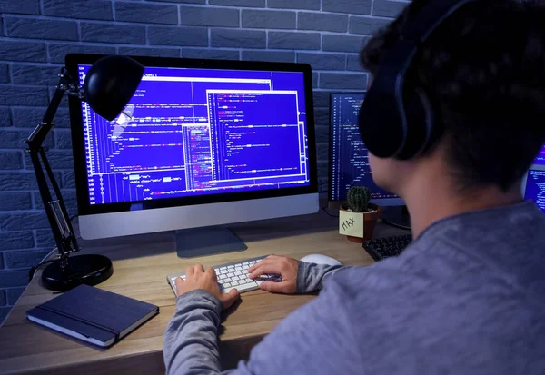 Male Programmer Working Headphones Computer Office Night — Stock Photo, Image