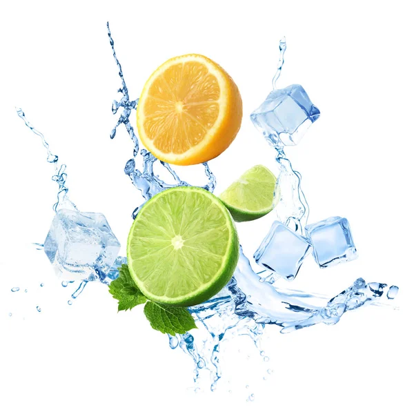 Flying Juicy Citrus Fruits Cold Ice Mint Splashing Fresh Water — Stock Photo, Image