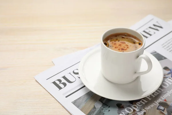 Cup Hot Coffee Newspaper Wooden Table Stock Image