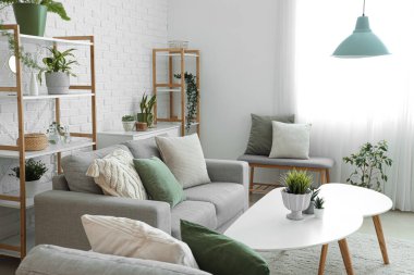 Gri kanepesi, kahve masası ve çiçekleri olan aydınlık oturma odasının içinde.