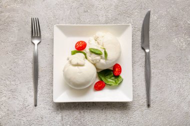 Gri arkaplanda fesleğen ve domatesli lezzetli Burrata peyniri tabağı.