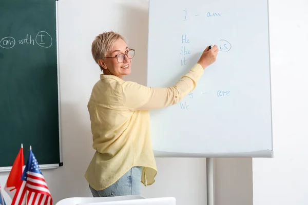 Lehrerin Schreibt Englische Grammatik Auf Flipboard Klassenzimmer — Stockfoto