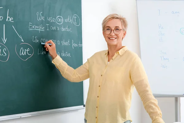 Female teacher writing English grammar on chalkboard in classroom