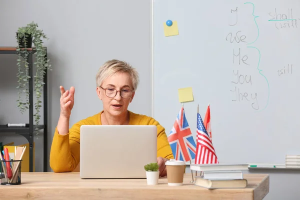 Female English teacher giving online lesson in classroom