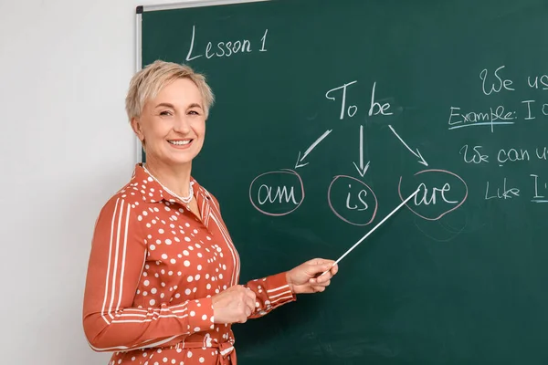 Female English teacher conducting grammar lesson in classroom