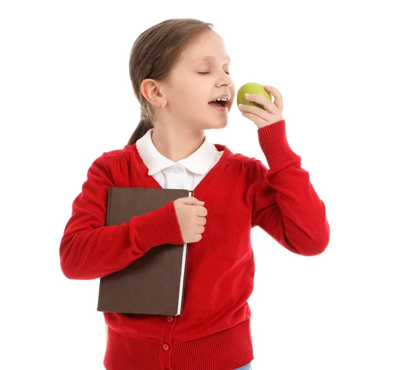 Piccola Studentessa Con Libro Mangiare Mela Sfondo Bianco — Foto Stock