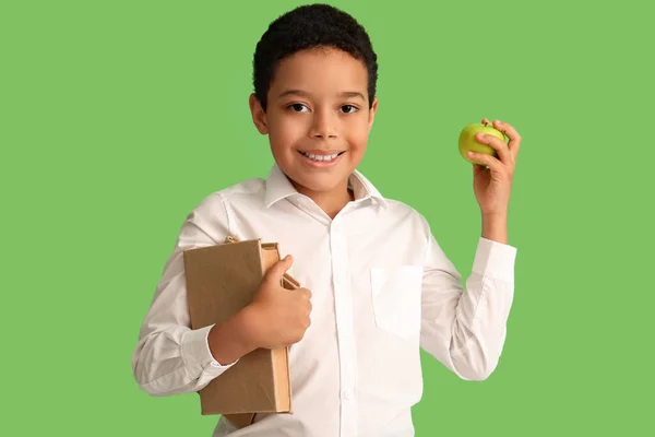 Little African American Schoolboy Book Apple Green Background — Stock Photo, Image