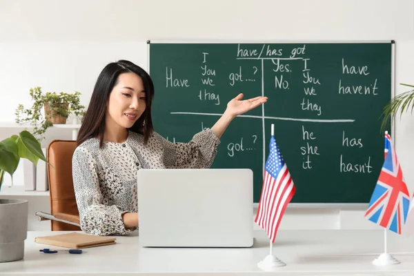 Englischlehrerin Gibt Online Grammatikunterricht Klassenzimmer — Stockfoto
