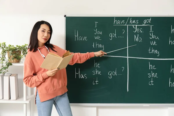 Female English teacher with book conducting grammar lesson in classroom