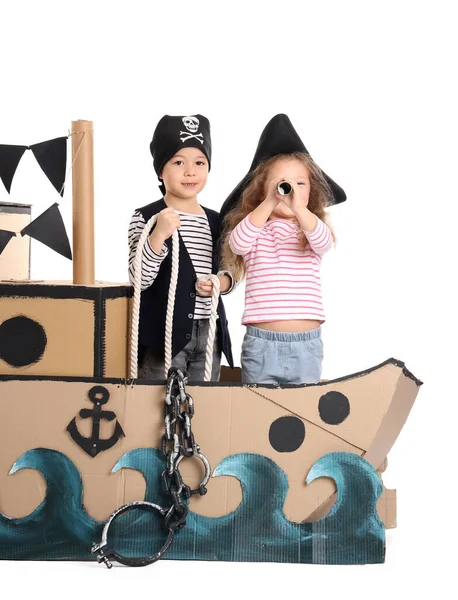 Cute Little Pirates Playing Cardboard Ship White Background — Stock Photo, Image
