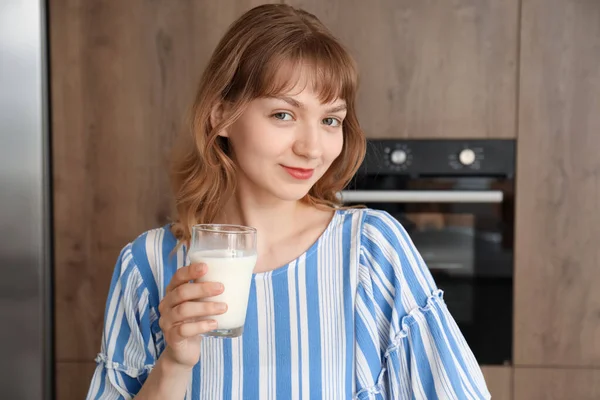 Young Woman Glass Milk Kitchen Closeup — Stock Photo, Image