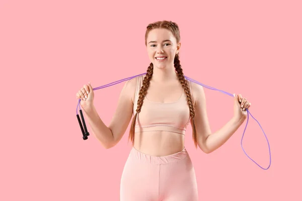 Sporty Young Woman Skipping Rope Pink Background — Stock Photo, Image