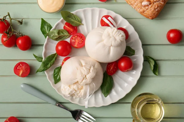 Plate Tasty Burrata Cheese Green Wooden Background — Stock Photo, Image