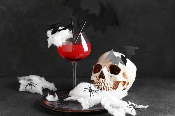 Glass Tasty Margarita Cocktail Skull Decorations Halloween Black Background — Stock Photo, Image