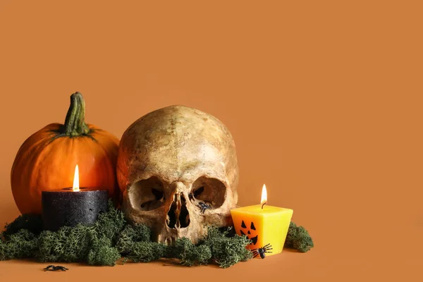 Voskové Svíčky Dekorace Halloween Oranžovém Pozadí — Stock fotografie