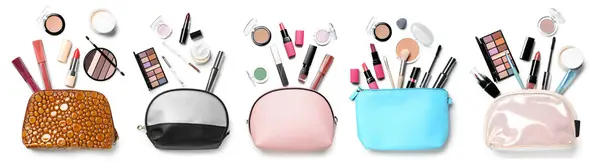 Conjunto Bolsas Maquillaje Con Cosméticos Decorativos Accesorios Sobre Fondo Blanco — Foto de Stock