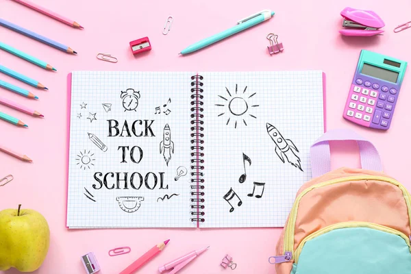 Notebook Text Back School Backpack Stationery Pink Background — Stock Photo, Image