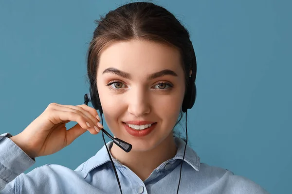 Female Technical Support Agent Blue Background — Stock Photo, Image