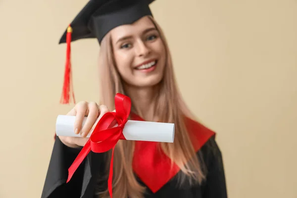 Female Graduate Student Diploma Beige Background Closeup — Stock Photo, Image