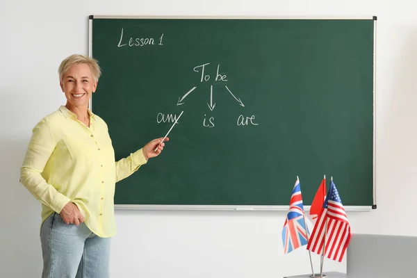 Lehrerin Führt Englische Grammatik Klassenzimmer Durch — Stockfoto
