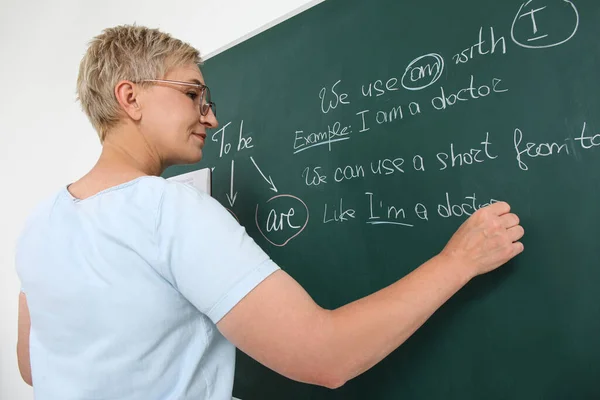 Female English teacher writing grammar on chalkboard in classroom