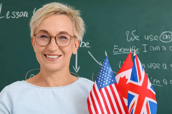 Englischlehrerin Mit Verschiedenen Flaggen Klassenzimmer Nahaufnahme — Stockfoto