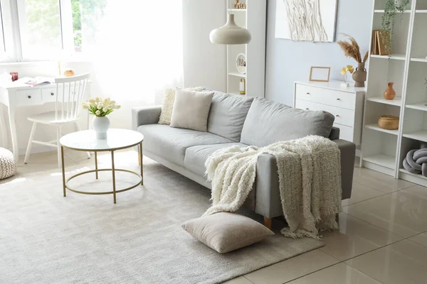 Gemütliches Graues Sofa Mit Weicher Decke Und Couchtisch Inneren Des — Stockfoto