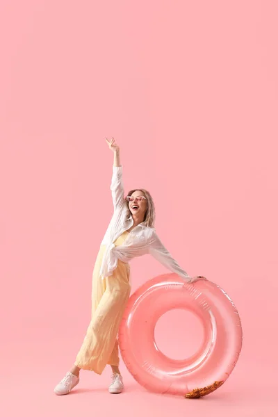 Young Woman Sunglasses Inflatable Ring Pink Background — Stock Photo, Image