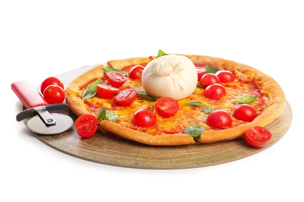 Dřevěná Deska Chutné Pizzy Sýrem Burrata Bílém Pozadí — Stock fotografie