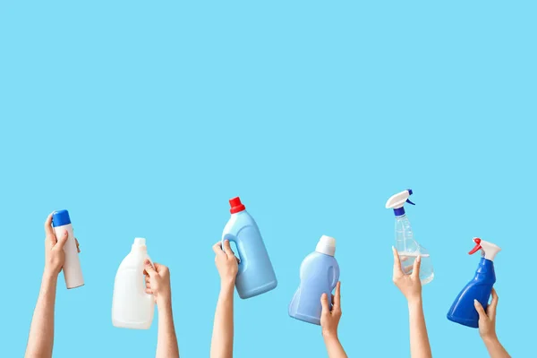 Women Cleaning Supplies Blue Background — Stock Photo, Image