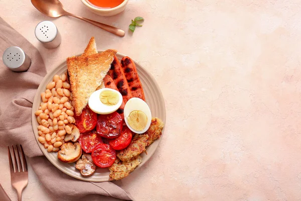 Assiette Savoureux Petit Déjeuner Anglais Avec Oeuf Cuit Sur Fond — Photo