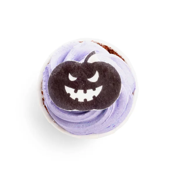 Heerlijke Halloween Cupcake Met Pompoen Witte Achtergrond — Stockfoto