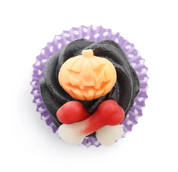 Heerlijke Halloween Cupcake Met Snoepjes Witte Achtergrond — Stockfoto