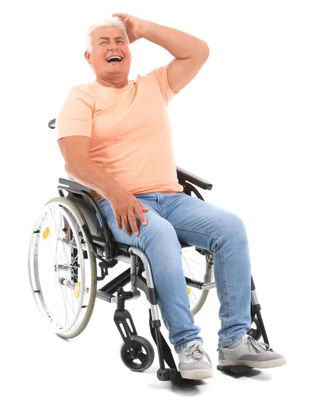 Счастливый Зрелый Мужчина Инвалидной Коляске Белом Фоне — стоковое фото
