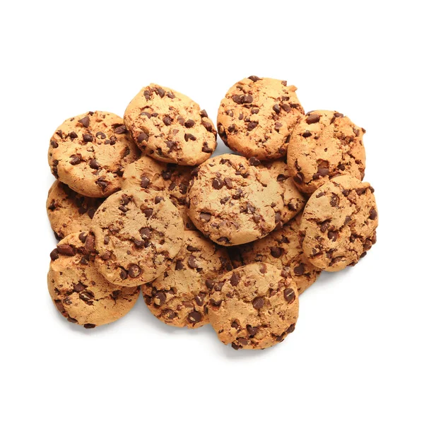Altura Biscoitos Saborosos Com Chips Chocolate Fundo Branco — Fotografia de Stock