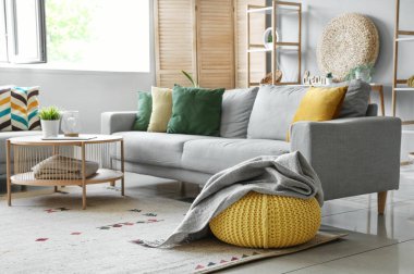 Rahat gri kanepe, kahve masası ve oturma odasının iç tarafında yumuşak battaniyeli puf.
