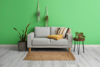 Kanepe ve çiçeklerin üzerinde katlanmış ekoseli oturma odasının içinde.