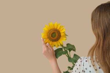 Bej arka planda güzel ayçiçeği olan genç bir kadın.