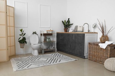 Seramik klozeti, süslemeleri ve bitkileri olan ışık tuvaleti.