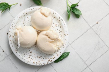 Beyaz fayanslı fesleğenli lezzetli Burrata peyniri tabağı