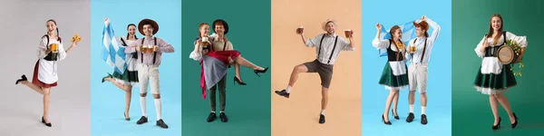 Collage Personnes Vêtements Traditionnels Allemands Avec Bière Drapeau Bavarois Sur — Photo