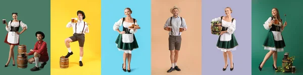 Коллаж Людей Традиционной Немецкой Одежде Пивом Закусками Цветном Фоне — стоковое фото