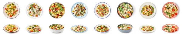 stock image Collage of tasty pasta salads on white background